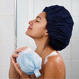Reusable Shower Cap for Women, Large Waterproof Shower Essentials Bonnet Washable Elastic Band Bath Hair Wrap Hat for Long Hair, Braids(Navy)