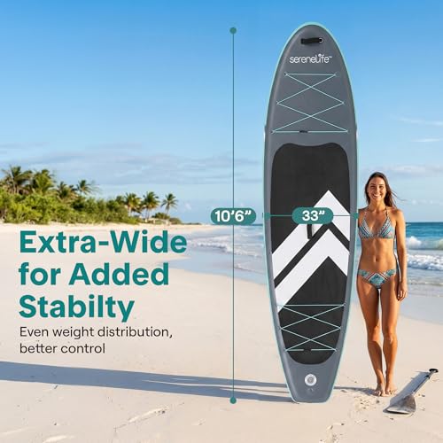 Image of SereneLife 10'6 inch Inflatable Stand Up Paddle Board with Premium SUP Accessories - 32 inch Wide Stable Design with Non-Slip EVA Deck Pad, for Youth and Adults, 350 lbs. Capacity