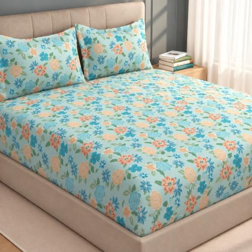 Image of Welspun Zen Microfiber Floral Double Bedsheet with 2 Pillow Covers | Percale Bed Sheet | Skin Safe, Breathable & Easy Care Bedding Set | Gift Set | Light Blue | 220 x 240 Cm