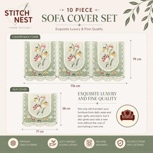 Image of STITCHNEST Florenza Blue 10 Piece Cotton Net Sofa Slip Cover |5 Seater