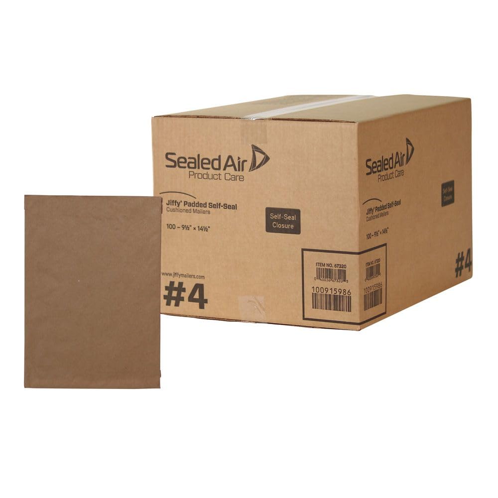 Sealed Air Jiffy Padded Shipping Mailers, Case of 100, Self Seal Heavy Duty Recycled Cushioned Mailing Envelope, #4-9.5" x 14.5", Kraft