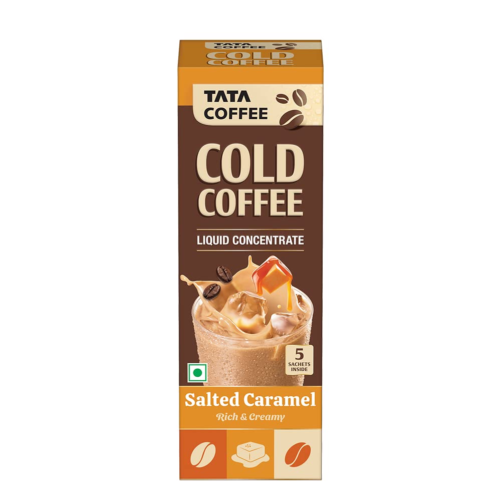 Tata Coffee Cold Coffee, Liquid Concentrate, 5 Sachets Brown, Salted Caramel, Deliciously Rich & Creamy, Café-style, Easy to make, 3 Step Brew, No Equipment Needed