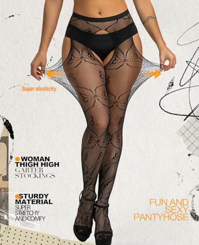 Image of Sesiwadbe Womens Fishnet Patterned Tights High Waist Suspenders Pantyhose Thigh High Stockings