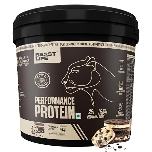 Image of BeastLife Performance Yeast Protein Powder | 25g Protein | Cookie & Cream|NABL Lab Certified | High Absorption for Muscle Growth |Smooth & Light, Easy to Digest with Ultrasorb Tech|5.64g BCAA | Best For Gut | Beta Glucan | Improves Immune Function | 4 Kg