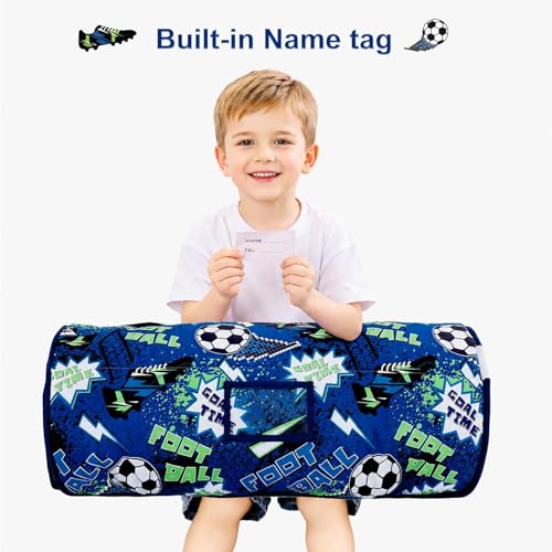 Image of Viviland Toddler Nap Mat with Pillow and Minky Blanket,Rolled Large Sleeping Mat for Boys,Kids Slumber Bag Nap Mat for Preschool, Daycare, Kindergarten, Travel Camping - Soccer Spirit