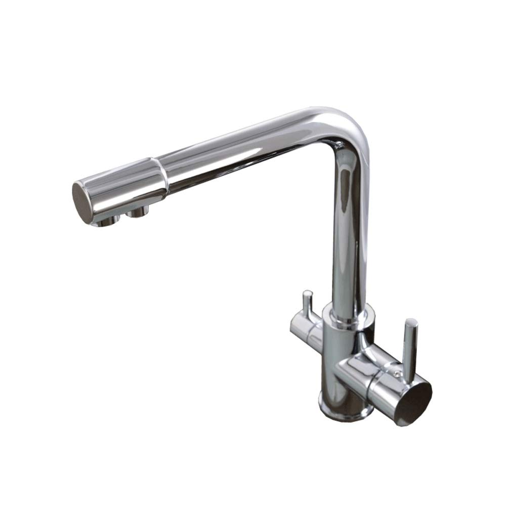 Rubinetto Miscelatore Moderno per Uso Domestico Argento Tutto in Rame Rubinetto da Cucina a Doppio Foro Acqua Pura Bevanda Diretta, lavello, Acqua Calda e Fredda Rubinetto per lavabo a Tre Usi