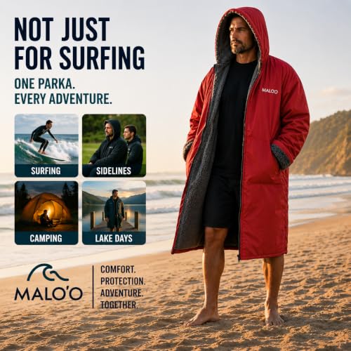 Image of Malo'o Adult Sherpa Lined Surf Parka Changing Robe, Waterproof & Windproof Swim Parka, Long Sleeve Hooded Dry Robe