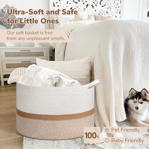 Image of INDRESSME XXXLarge Cotton Rope Basket 21.7 inch x 21.7 inch x 13.8 inch Woven Baby laundry Blanket Basket for Home Decor Living Room Nursery, Toy Storage Baskets for Kids Boys Girls, White & Camel Mix