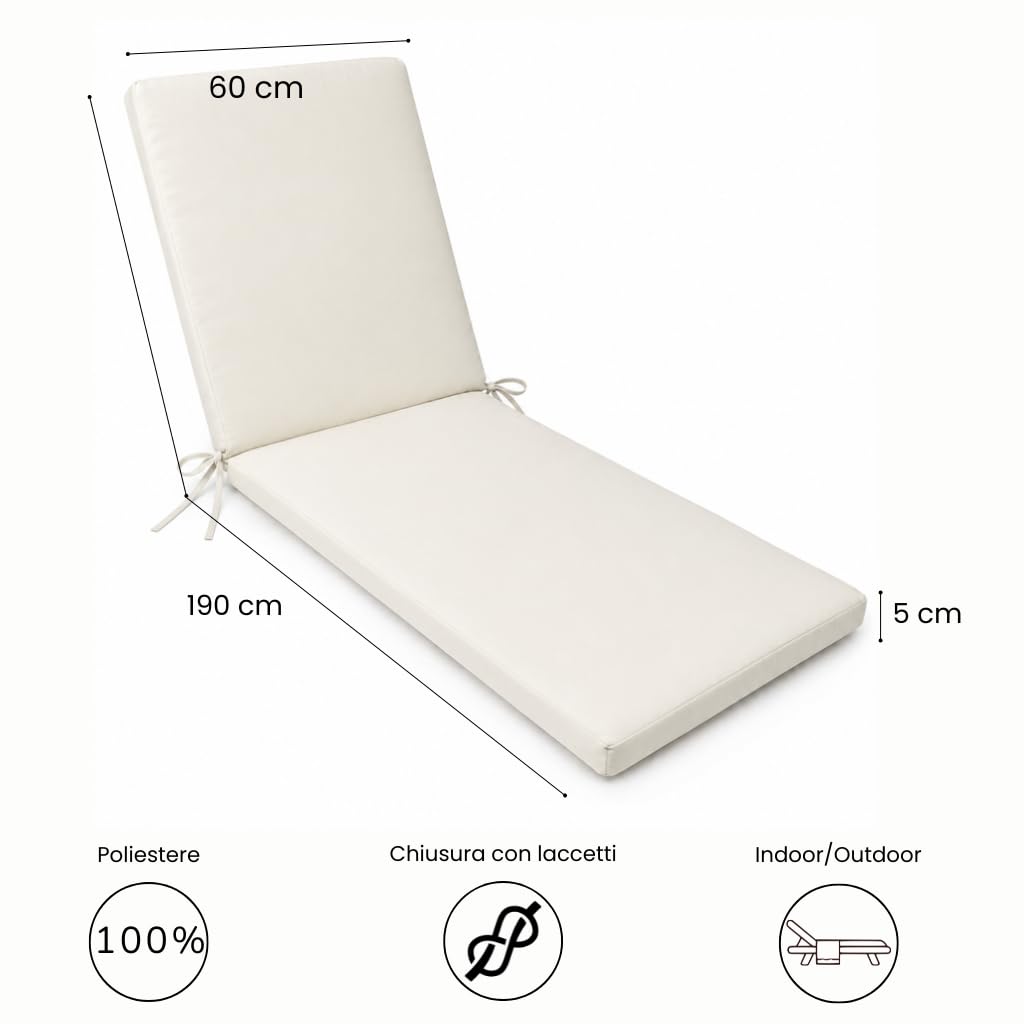 Cuscino Premium per Lettino Prendisole 190x60 cm | Schienale Reclinabile, Imbottitura Comfort e Laccetti | Ideale per Giardino, Piscina e Outdoor (Avorio)