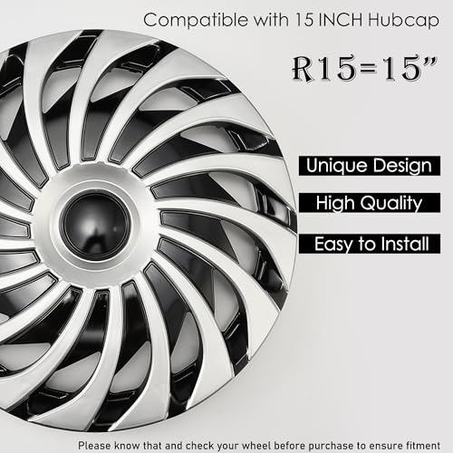 Image of Spiral Silver with Black Hubcap Wheel Cover Replacement Kit 15 inch Hub Caps Wheel Rim Cover Car Exterior Accessories Pack of 4, 15 inches