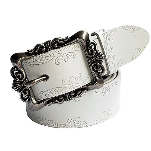 Women's Cowhide Leather Belt Vintage Pin Buckle with Flower Pattern (White)