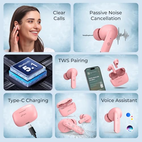 Image of pTron Basspods P81 in-Ear Wireless Earbuds, Pristine Sound, 32Hrs Playtime, Clear Calls TWS Earbuds, Bluetooth V5.1 Headphone, Type-C Fast Charging, Voice Assist & IPX4 Water Resistant (Pink)