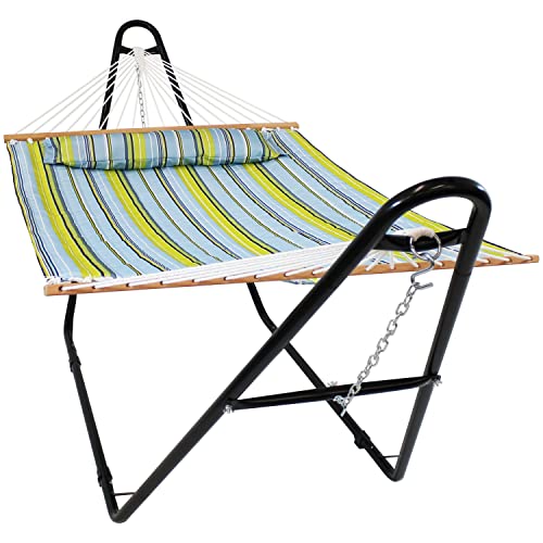 Image of Sunnydaze Quilted Double Hammock with Stand for Outside - 440 lb Capacity Universal Black Steel Stand - UV Resistant, Quick Dry Fabric - Pillow, Chains, and Hardware Included - Blue and Green