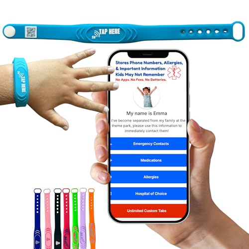Adjustable Kids ID Bracelet – NFC Smart Safety Band with “Tap Here” Logo, Child ID Wristband for Nonverbal Kids & Medical Info, Waterproof Silicone, Not GPS, No Subscription
