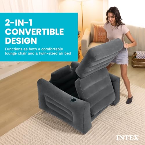 Image of Intex Inflatable Pull-Out Sofa: Velvety Surface, 2-in-1 Valve, Cupholder, 46 inch x 88 inch x 26 inch - Blow-Up Couch and Folding Queen Size Air Mattress Bed