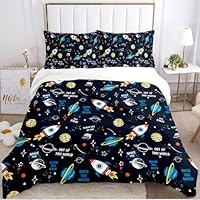 Beddengoed, 200 x 200 cm, universum planeet, raketten, beddengoedset voor jongens en meisjes, kinderen, wit, blauw, raketten, sterren, planeten, patroon, met kussensloop 50 x 75 cm (A, 200 x 200 cm