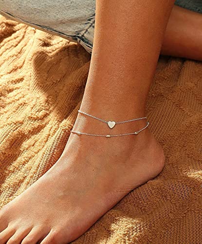 Image of ASCOMY Ankle Bracelets for Women 14K Gold Plated Anklet for Women Silver Layered Shining Tennis Anklet Dainty Beaded Bar Dot Pearl Satellite Link Chain Anklets Summer Beach Foot Chain Jewelry Gifts
