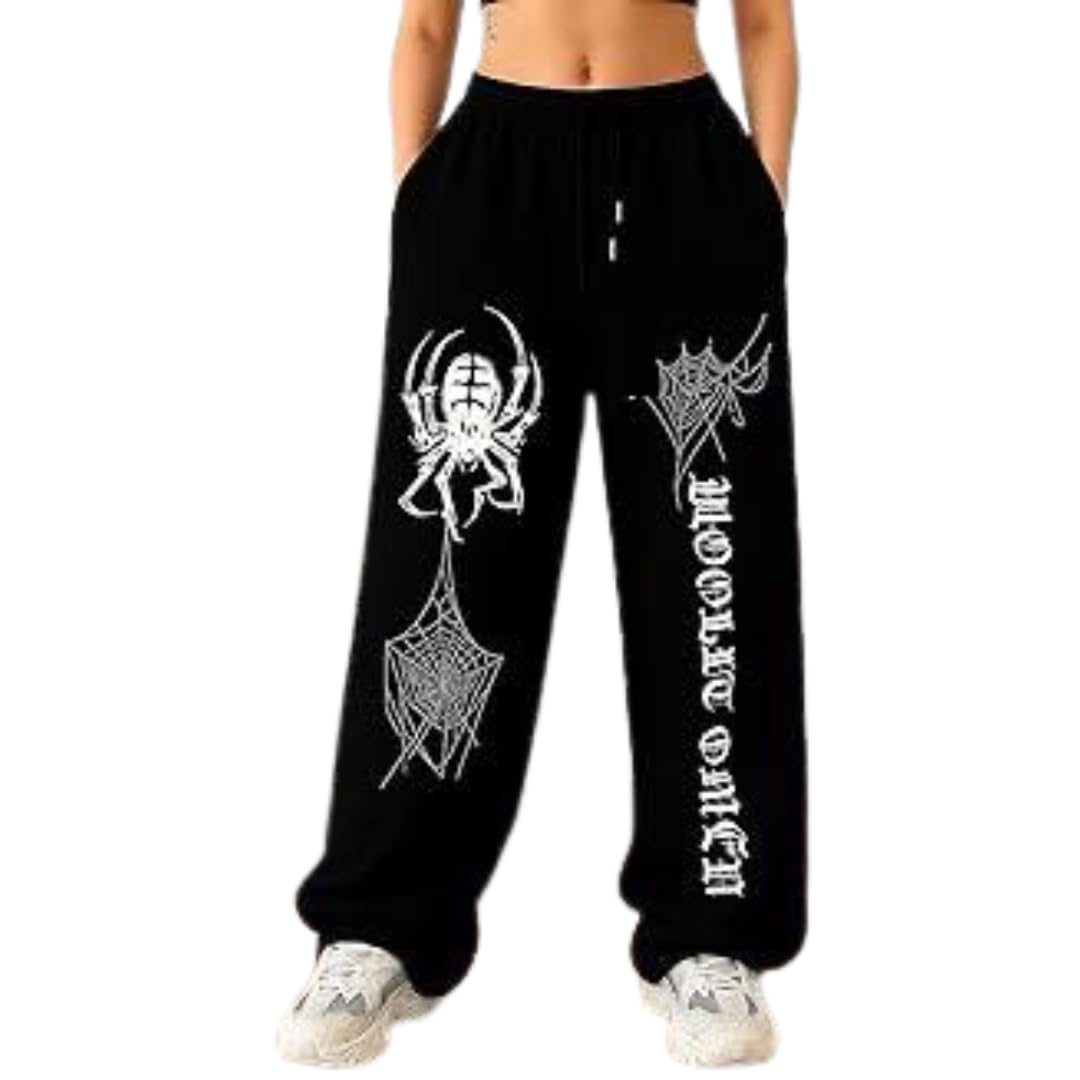 Fashion FIZZZZ Black Spider Graphic Joggers Trousers | High Waist Loose Fit Casual Sweatpants | Goth Streetwear Printed Pants Common Wear Boys & Girls-image-6