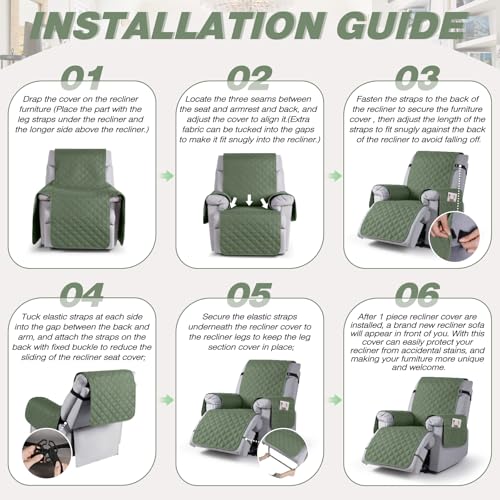 Image of TAOCOCO 100% Waterproof Recliner Covers, Recliner Sofa Covers with Leg Straps, Reversible Recliner Couch Cover for Reclining Chair, Washable Couch Protector for Pets Kids(1 Seater 22 inch, Moss Green)