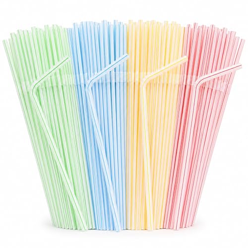 150PCS Disposable Plastic Drinking Straws - Flexible Straws Disposable Long Colorful PP Plastic Striped Assorted Colors for Home Use Milk Juice Drinks