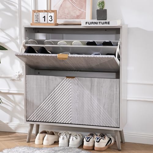 oakvivo Shoe Cabinet with 2 Flip Drawers, Freestanding Shoe Organizer with 4 Wooden feet, Modern Shoes Storage Cabinet for Entryway, Hidden Narrow Shoe Rack Cabinet for Foyer, Hallway, Mudroom, Grey