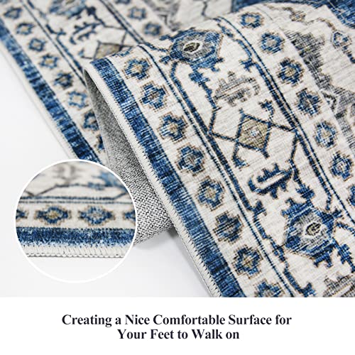 Hallway Washable Runner Rug - 2x7 Kitchen Rugs Entryway Rug Runner Vintage Soft Floor Mat Non Slip Indoor Farmhouse Carpet for Bathroom Living Room Bedroom (2 X 7, Blue)