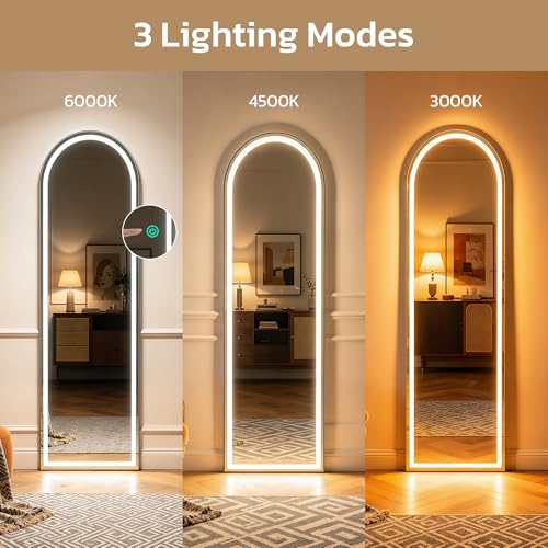 Image of Arched Full Length Mirror with LED Lights, 60 inchx16 inch LED Floor Mirror with Stand, Body Floor Mirrors with Dimming & 3 Color Lighting, Wall Mounted LED Mirrors for Bedroom, Dressing Room, Cloakroom