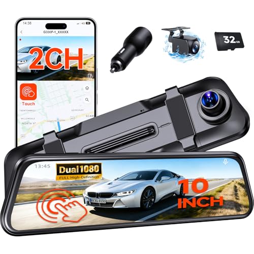 Mirror Dash Cam,Rear View Mirror Camera,10'' Smart Touch Screen,Dash Camera for Cars,G-Sensor,Loop Recording,Car Camera with Free 32GB Card