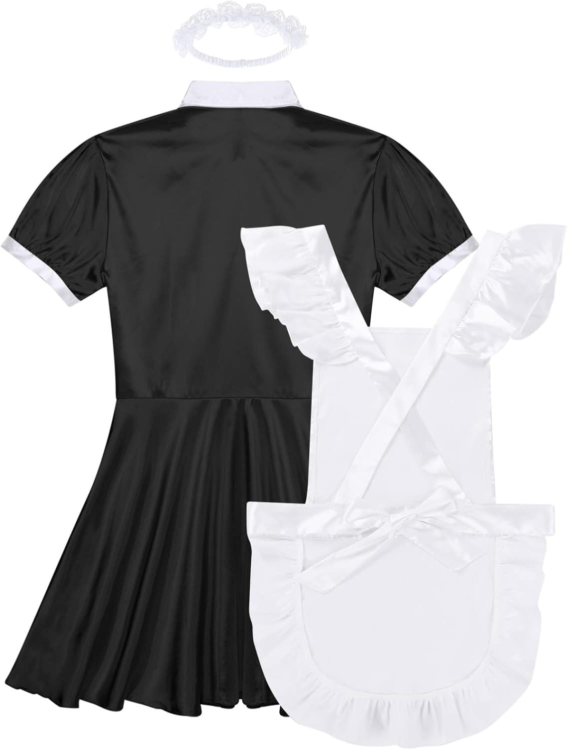 Hedmy Adult Men's Frilly Satin French Maid Uniform Crossdressing Lingerie Outfit Set with Apron