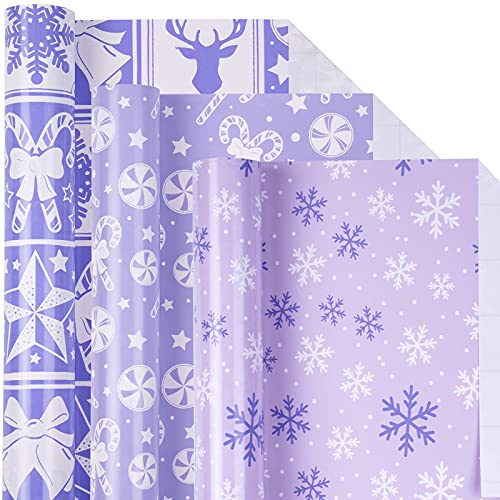 LeZakaa Christmas Wrapping Paper Mini Roll - Bell & Tree/Candy Canes/Snowflakes Design in Light Purple for Gift Wrap Arts Crafts - 17 x 120 inches - 3 Rolls (42.5 sq.ft.ttl.)