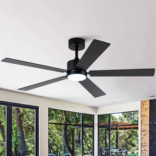 Black Ceiling Fans with Lights, 52 Inch Modern Ceiling Fan with Remote Outdoor Ceiling Fan for Bedroom, Living Room,High CFM Ceiling Fans with 3CCT LED Lights Kit, Quiet DC Motor, Timer