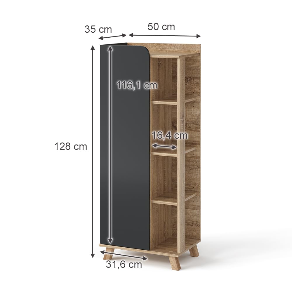 Vicco Mueble Midi Karen, Sonoma/Antracita, 50 x 128 cm con Puerta y Compartimentos Abiertos, para Guardar artículos de baño y Toallas