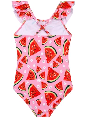 Image of XiaoMoSha Girls Swimsuits Ruffled Round Neck One Piece Bathing Suits Quick Dry UPF 50+ Summer Hawaii Swimwear for Kids 3-10T