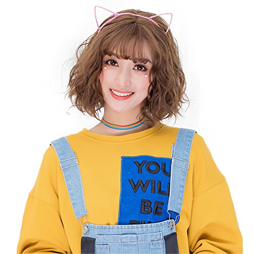 Alacos Short Curly Bob Style Air Bangs Daily Party Costumes Cosplay Wig for Women Lady Girl +Free Wig Cap (Light Brown)