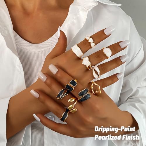 KISS WIFE Gold Rings for Women, Chunky Adjustable Rings Set, Stackable Finger Ring Pack, Open Fashion Anillos Para Mujer Y2K Accessories Dripping-Paint Pearlized Finish Leaf Ring Stack Jewelry Gift2