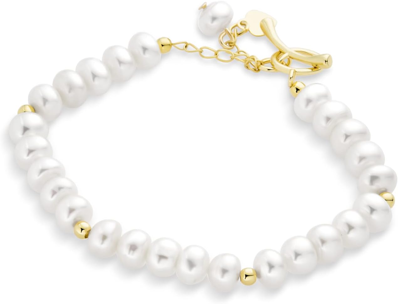 Bling Jewelry Timeless Bridal White Freshwater Cultured Button Pearl Bracelet Gold Bead Accent Gold Plated Toggle Clasp