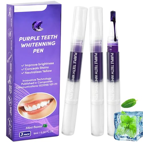 Blanqueador Dental Lapiz, Blanqueamiento Dientes Bolígrafo, Gel Blanquear Lápices Efectivo, Kit Teeth Whitening Pen en casa, Rápida Elimina Manchas Café y Té, Refresca Respiración, Morado 3 Piezas
