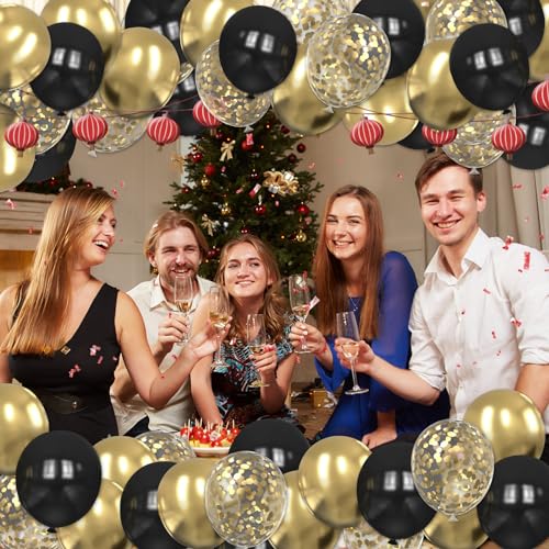 Image of Black and Gold Balloons, 60PCS 12 Inch Gold and Black Confetti Balloons, Gold Latex Balloons for Birthday New Year Wedding Graduation