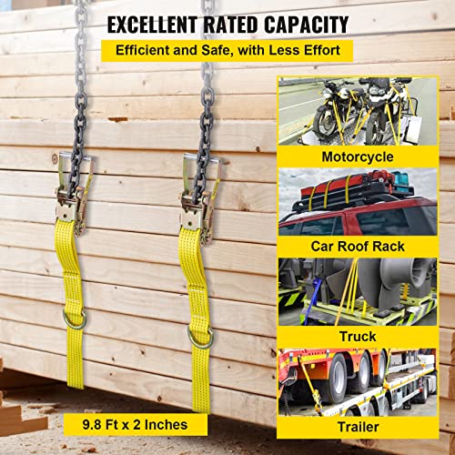 Vevor Ratchet Tie Down Strap, 9.8Ft X 2In Polyester Ratchet Strap 4000 Lbs Working Load, 4 Pcs Heavy Duty Car Strap Single Hook, Car Tie Down Strap With Chain Anchors, Security Fastening, Yellow #TOP1