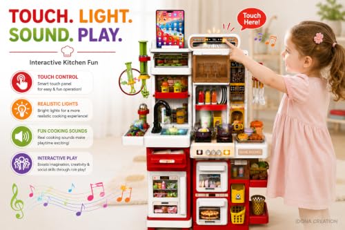 Image of Dream Kitchen Playset for Kids, 65 Piece Pretend Kitchen Set with Cycling Water Sink, Steam Effect, Lights & Sounds, Toy Stove, Oven, Utensils, Food Accessories, 64 cm
