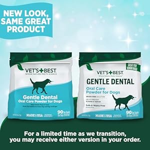 Vet’s Best Dental Powder for Dogs – Brush-Free Solution – Prevent Plaque & Tartar – Made with Natural Brown Seaweed & Brewer’s Yeast – Dog Teeth Cleaning Powder – 90 Day Supply (for 23-66lb Dogs)
