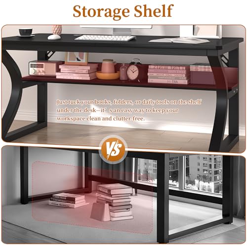 Image of 47 inch Computer Desk, Home Office Desk with Storage Shelf, Sturdy U-Shaped Metal Frame Study Table with Cable Management, Gaming Desk for Office & Bedroom (Carbon Fiber Black, 47inch)