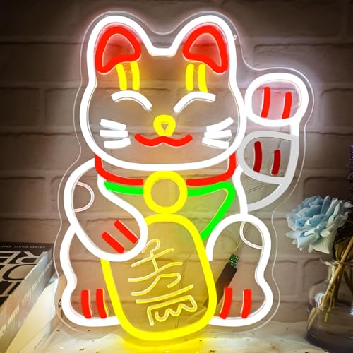 Waving Lucky Cat Neon Sign for Wall Decor Fortune Cat Led Sign Animated Maneki Neko Neon Light Up Sign for Home Business Japanese Decor Wall Art for Restaurant Ramen Shop Bar Bedroom Office