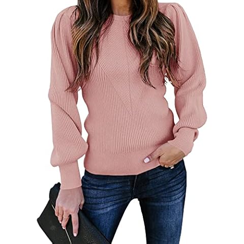 Huiyuzhi Womens Puff Sleeve Pullover Sweaters Crew Neck Soft Slim Fit Solid Color Knitted Jumper Cover