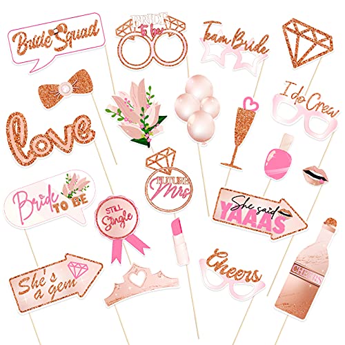 Qpout Bridal Shower Photo Booth Props Kit(21 Count), Rose Gold Wedding Hen Party Funny Selfie Props, Bride to Be Night Party Photo Props Decoration Accessories, with Bamboo Sticks& Stickers