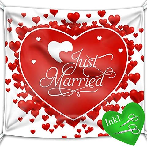 WTB Hochzeitsherz zum Ausschneiden inkl. 2 Scheren - wetterfestes bedrucktes Bettlaken mit Schlaufen zum Festhalten 200 cm x 180 cm - perfektes Hochzeitsgeschenk für das Brautpaar thumbnail