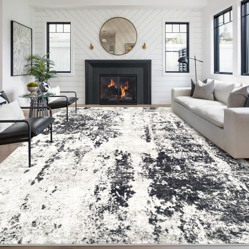 Aoyaomi Living Room Rug 8x10 Rug, Machine Washable Modern Abstract Rug Soft Neutral Area Rug Non-Slip Stain Resistant Large Rugs for Living Room Dining Room Bedroom Dorm Office(Black,8'x10')