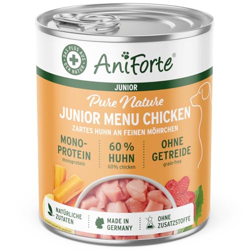 AniForte Hundefutter Nass Junior Huhn 6 x 400g – Natürliches Nassfutter für Welpen & Junghunde, hoher Fleischanteil, Premium Welpennassfutter getreidefrei