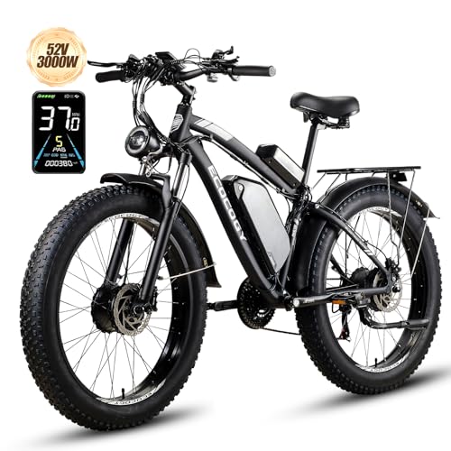 E·Bycco Peak 3000W 52V Dual Motor Electric Bike for Adults, 52V 23Ah Battery E-Bicycle, 37MPH & 80Miles, Hydraulic Disc Brake, 26'' Fat Tire All Terrain Commuter Hunting Fast E-Bike, Front Suspension