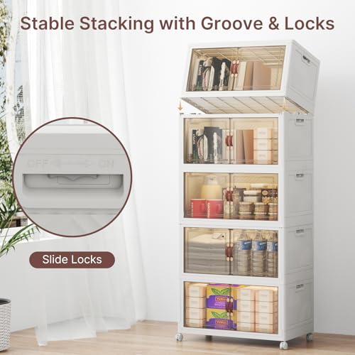 Image of UAMFURI Stackable Storage Bins with Lids, 240QT Lockable Storage Cabinet | Closet Organizers, Foldable Storage Box with Doors and Wheels, Plastic Drawers for Home, Garage, Office (5, White, Medium)